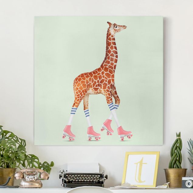 Leinwand Bilder XXL Giraffe mit Rollschuhen