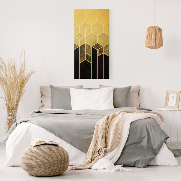 Wandbilder abstrakt Goldene Geometrie - Sechsecke Schwarz Weiß