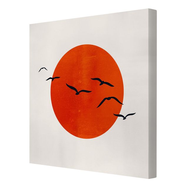 Leinwand Kunstdruck Vogelschwarm vor roter Sonne I
