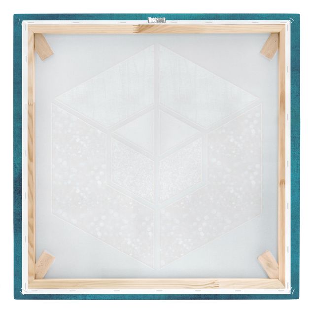 Leinwandbild - Blaues Hexagon mit Goldkontur - Quadrat 1:1
