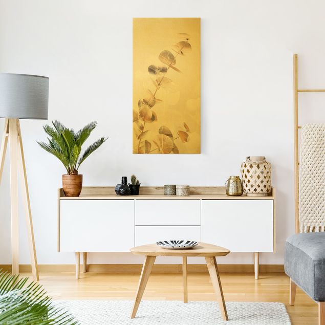Wandbilder Wohnzimmer modern Goldene Eukalyptuszweige mit Weiß I