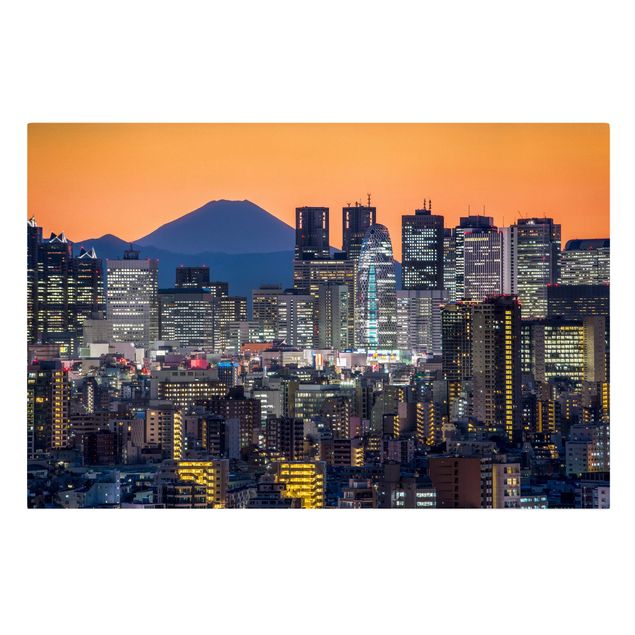 Leinwandbild Kunstdruck Tokio mit dem Fuji am Abend