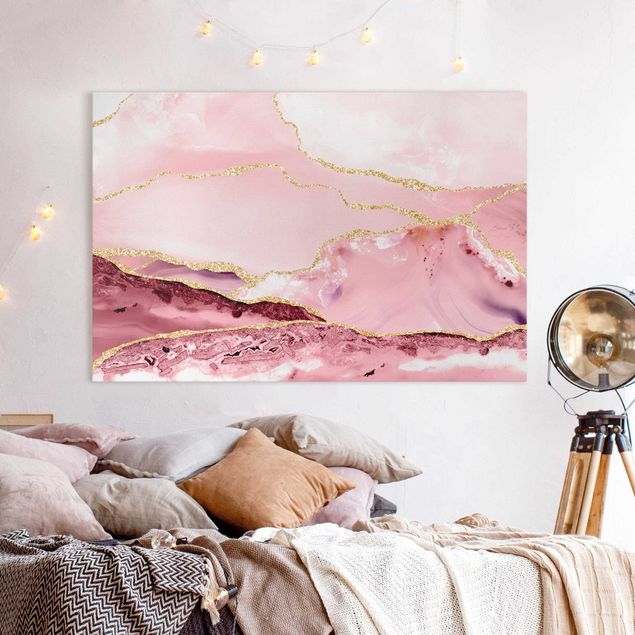 Wandbilder abstrakt Abstrakte Berge Rosa mit Goldenen Linien