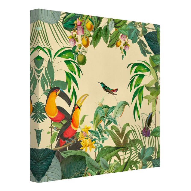 Leinwandbilder Blumen Vintage Collage - Vögel im Dschungel