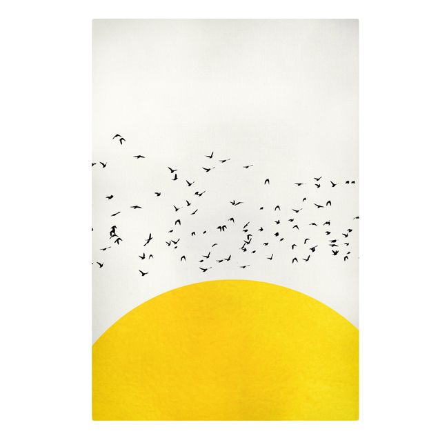 Wandbilder Natur Vogelschwarm vor gelber Sonne