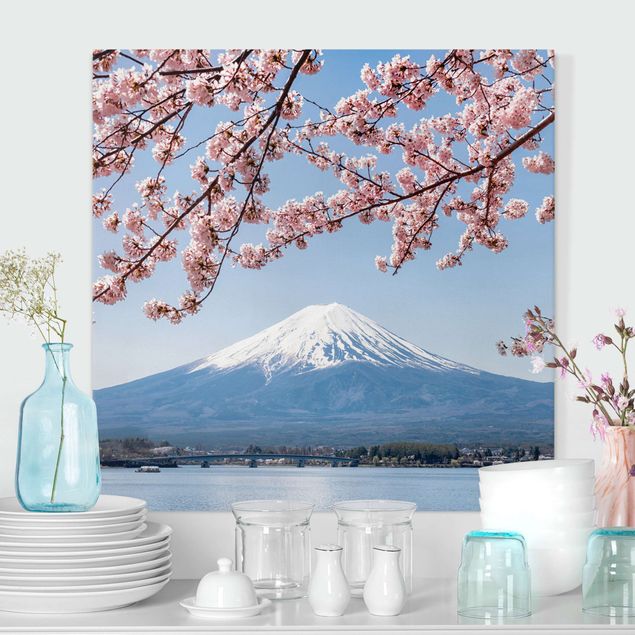 Leinwand Bilder XXL Kirschblüten mit Berg Fuji