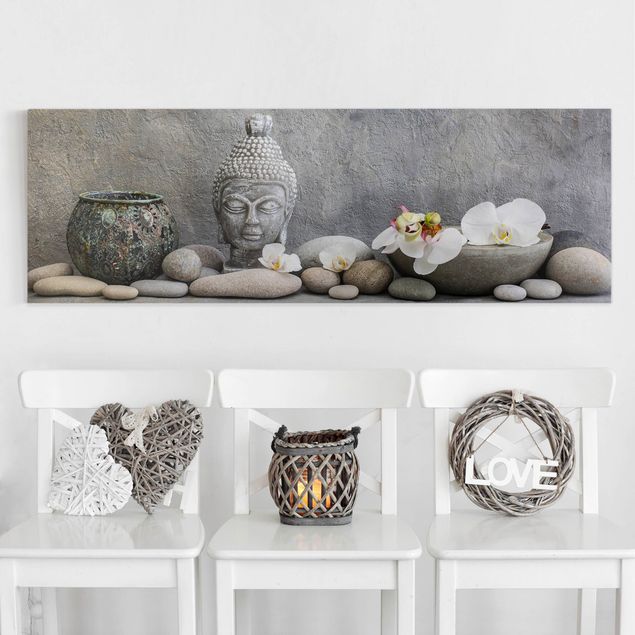 Leinwandbilder XXL Zen Buddha mit weißen Orchideen