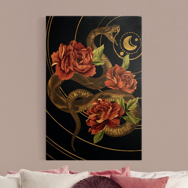 Wandbilder Rosen Schlange mit Rosen Schwarz und Gold II