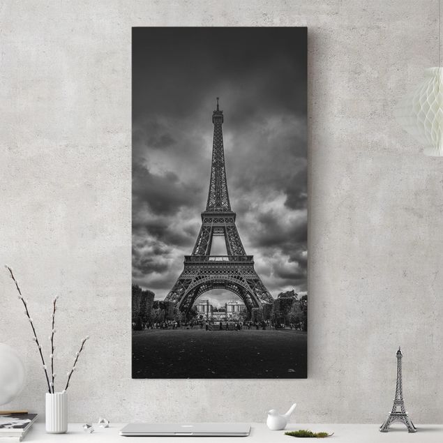 Leinwand Bilder XXL Eiffelturm vor Wolken schwarz-weiß