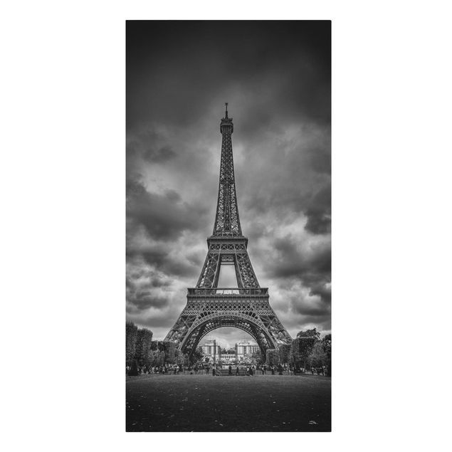 Moderne Leinwandbilder Wohnzimmer Eiffelturm vor Wolken schwarz-weiß
