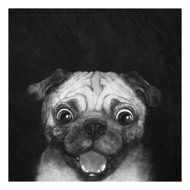 Leinwandbild Kunstdruck Illustration Hund Mops Malerei auf Schwarz Weiß