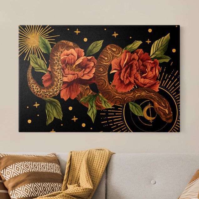 Wandbilder Rosen Schlangen mit Rosen vor Schwarz und Gold II