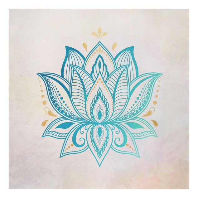 Leinwandbild - Lotus Illustration Mandala gold blau - Quadrat 1:1