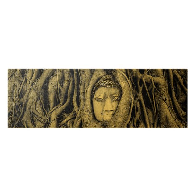 Leinwandbilder Buddha in Ayuttaya von Baumwurzeln gesäumt in Schwarzweiß