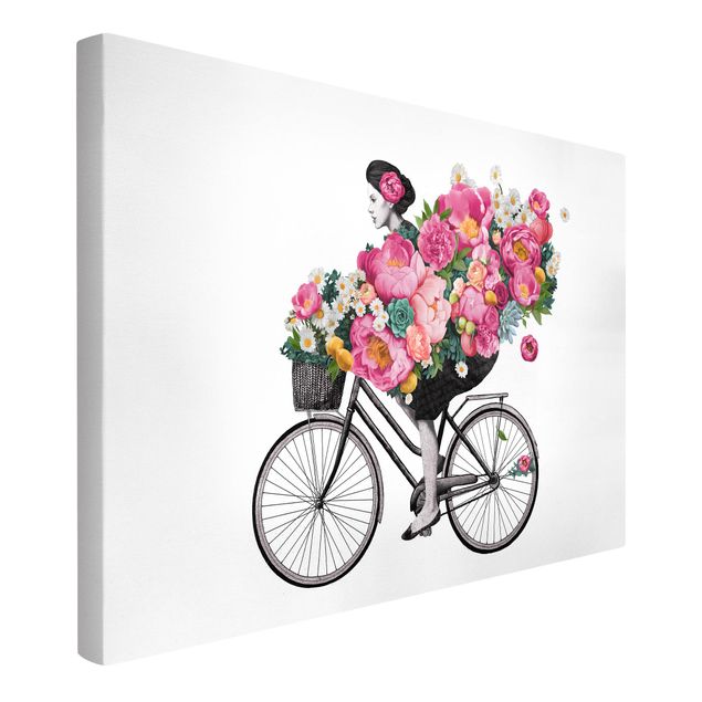 Kunstdrucke auf Leinwand Illustration Frau auf Fahrrad Collage bunte Blumen