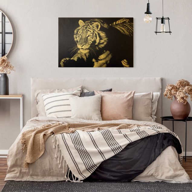 Wandbilder Tiere Tiger im Sonnenlicht vor Schwarz