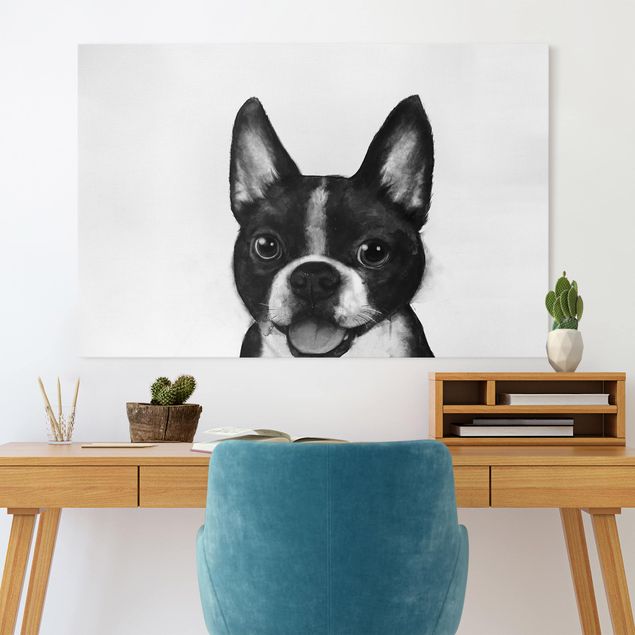 Wandbilder Wohnzimmer modern Illustration Hund Boston Schwarz Weiß Malerei