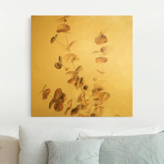 Wandbilder XXL Goldene Eukalyptuszweige mit Weiß