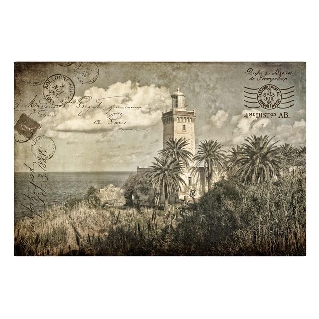 Wandbilder Leuchtturm und Palmen - Vintage Postkarte