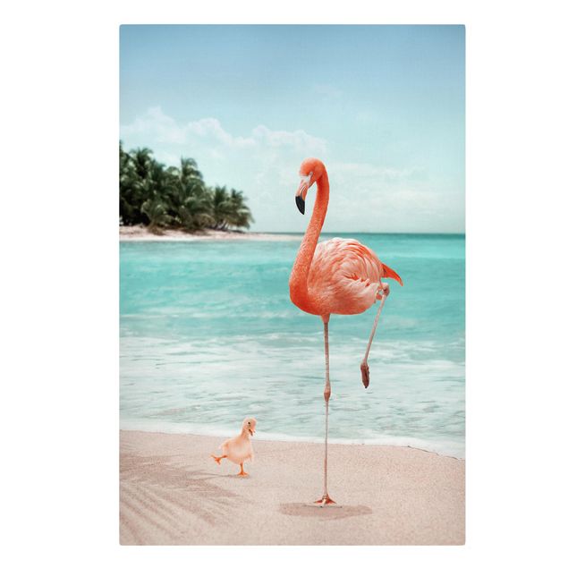 Leinwandbilder Natur Strand mit Flamingo