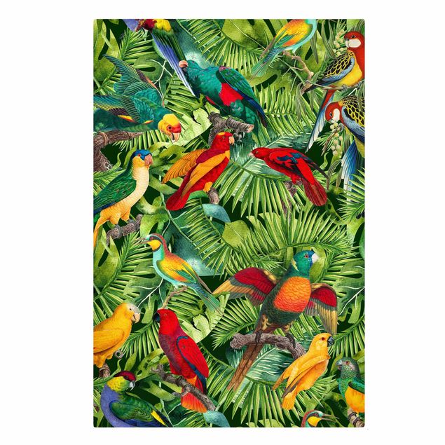 Leinwand Kunstdruck Bunte Collage - Papageien im Dschungel