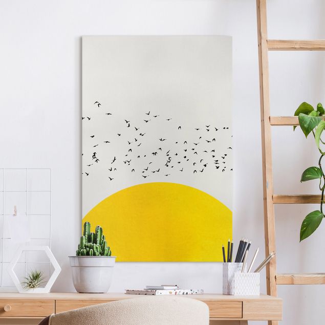 Wandbilder XXL Vogelschwarm vor gelber Sonne