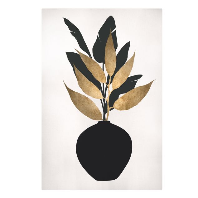 Moderne Leinwandbilder Wohnzimmer Grafische Pflanzenwelt - Gold und Schwarz