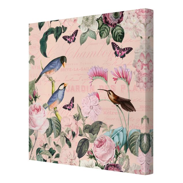 Leinwand Kunstdruck Vintage Collage - Rosen und Vögel