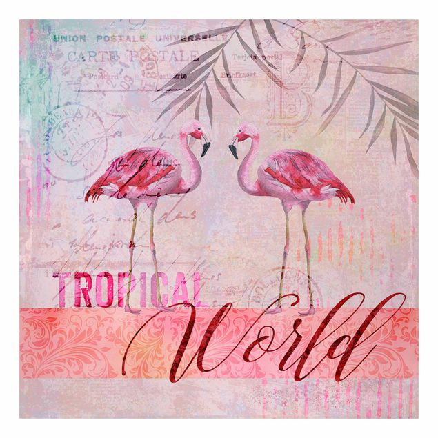 Leinwandbild Kunstdruck Vintage Collage - Tropical World Flamingos