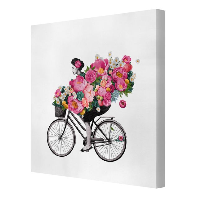 Schöne Leinwandbilder Illustration Frau auf Fahrrad Collage bunte Blumen
