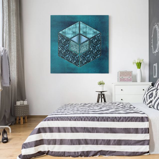 Wandbild Muster Blaues Hexagon mit Goldkontur