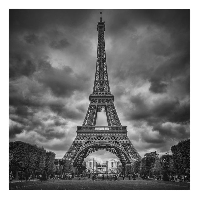 Leinwandbilder Wohnzimmer modern Eiffelturm vor Wolken schwarz-weiß