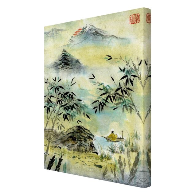 Leinwandbild Vintage Japanische Aquarell Zeichnung Bambuswald