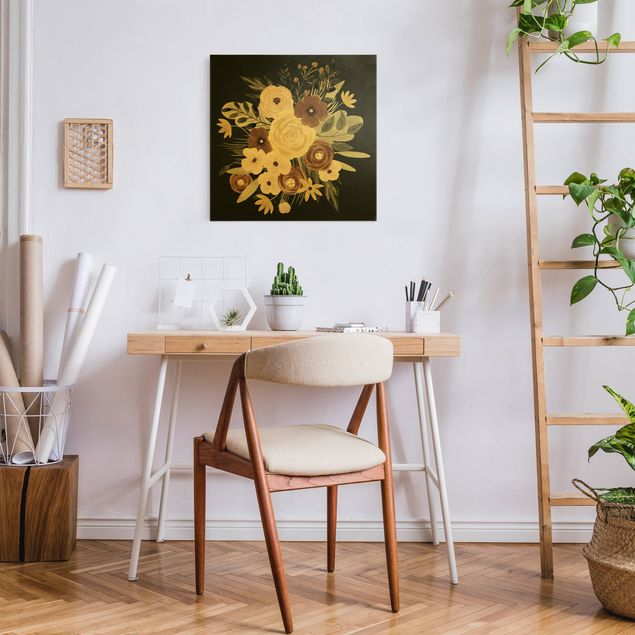 Moderne Leinwandbilder Wohnzimmer Pastell Blumenbouquet vor Grün I