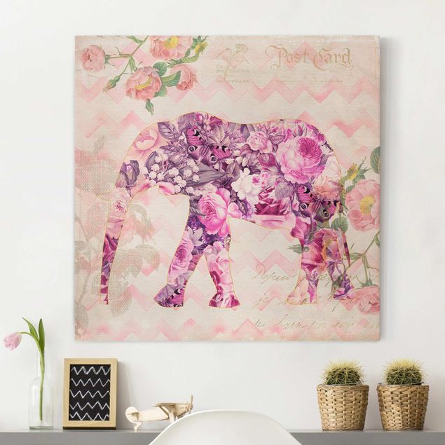 Leinwand Bilder XXL Vintage Collage - Rosa Blüten Elefant