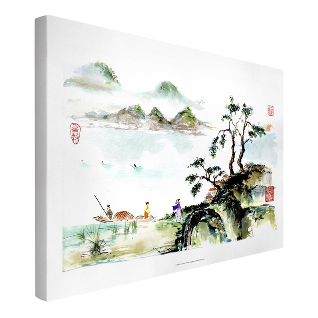 Leinwand Kunstdruck Japanische Aquarell Zeichnung See und Berge