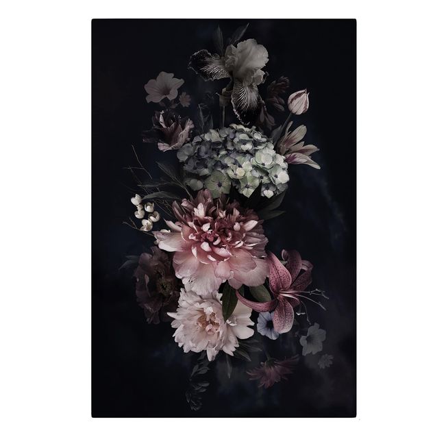 Leinwandbild Vintage Blumen mit Nebel auf Schwarz