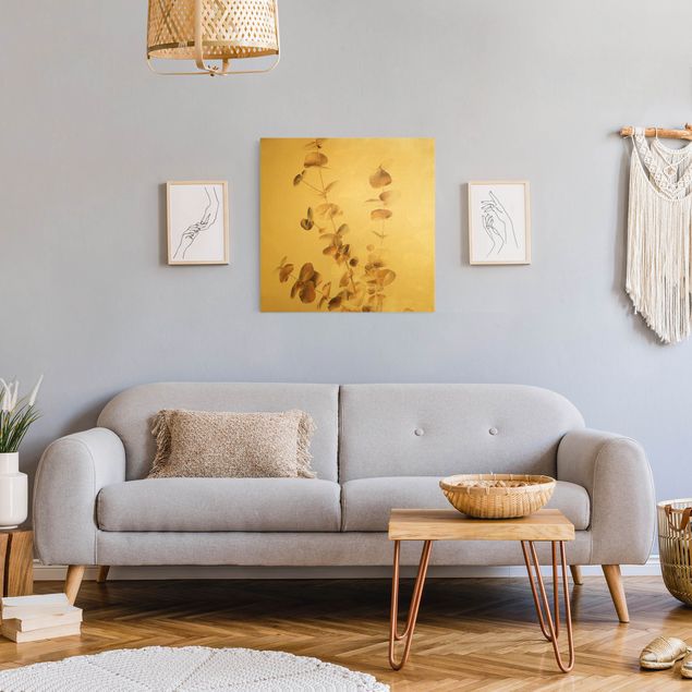 Wandbilder Wohnzimmer modern Goldene Eukalyptuszweige mit Weiß