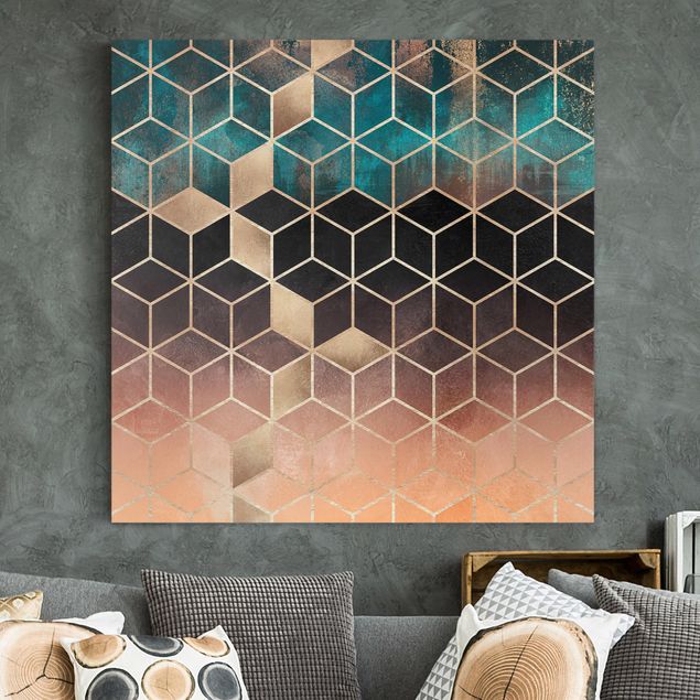 Moderne Leinwandbilder Wohnzimmer Türkis Rosé goldene Geometrie