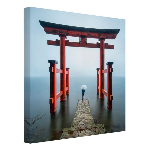 Leinwandbild Kunstdruck Rotes Torii am Ashi-See