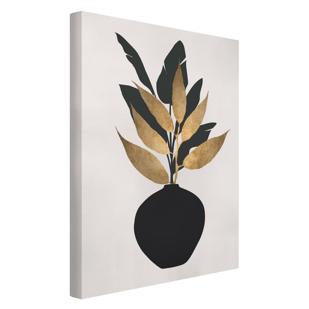 Leinwandbild Kunstdruck Grafische Pflanzenwelt - Gold und Schwarz
