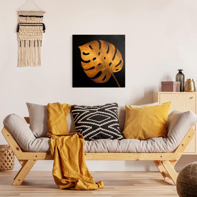 Wandbilder Wohnzimmer modern Gold - Monstera auf Schwarz
