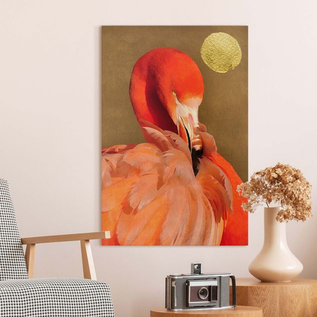 Leinwand Bilder XXL Goldener Mond mit Flamingo