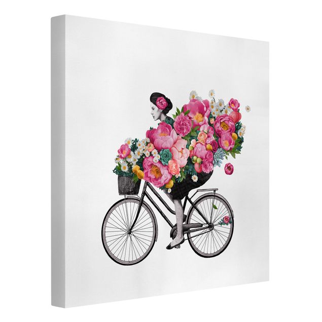 Moderne Leinwandbilder Wohnzimmer Illustration Frau auf Fahrrad Collage bunte Blumen