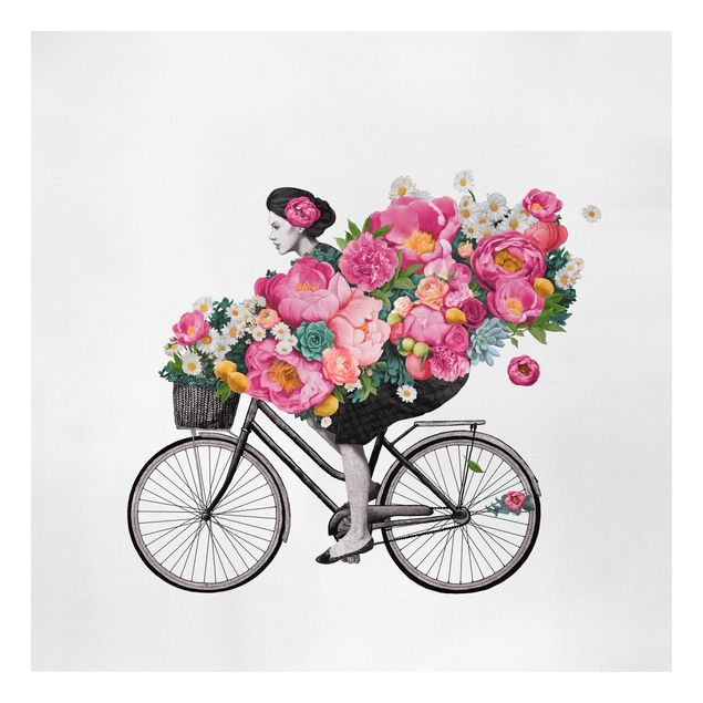 Bilder für die Wand Illustration Frau auf Fahrrad Collage bunte Blumen