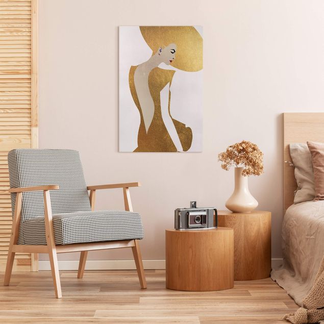 Leinwandbilder Wohnzimmer modern Dame mit Hut in Gold