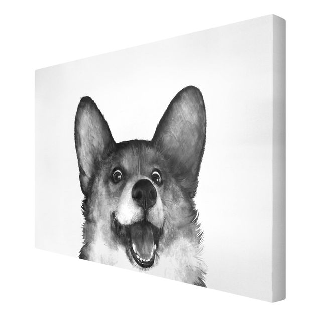 Leinwandbild Kunstdruck Illustration Hund Corgi Weiß Schwarz Malerei