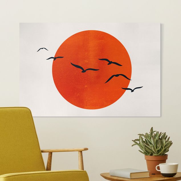 Wandbilder XXL Vogelschwarm vor roter Sonne I