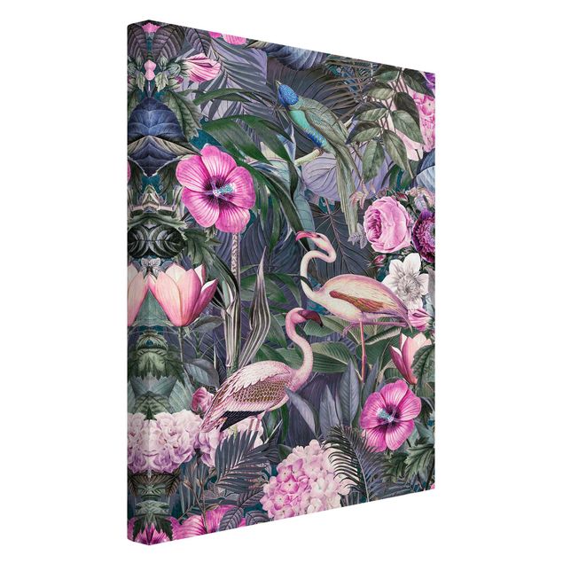 Leinwandbilder Blumen Bunte Collage - Pinke Flamingos im Dschungel