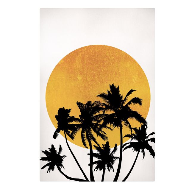 Leinwand Kunstdruck Palmen vor goldener Sonne